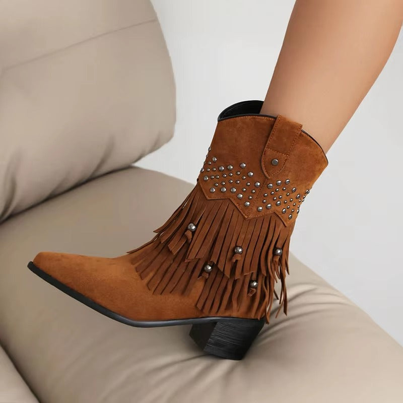 Fringe Pointed Toe Western Booties With Rivets Medium Heel Shoes