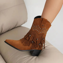 Fringe Pointed Toe Western Booties With Rivets Medium Heel Shoes