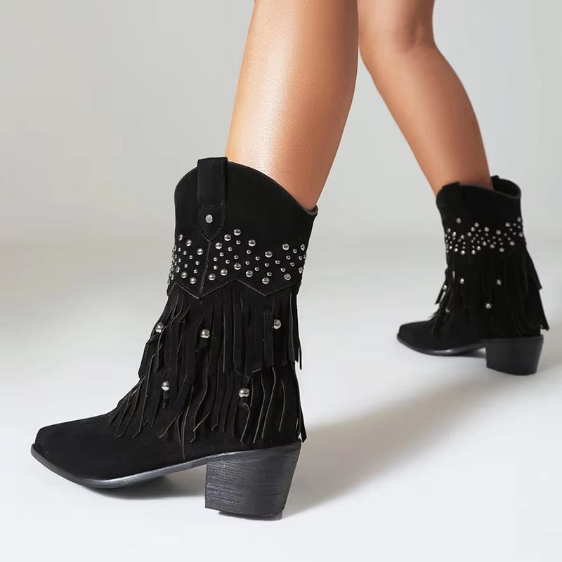 Fringe Pointed Toe Western Booties With Rivets Medium Heel Shoes