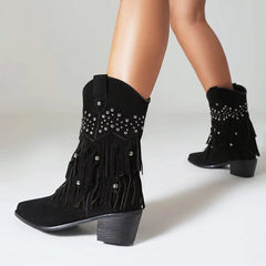 Fringe Pointed Toe Western Booties With Rivets Medium Heel Shoes