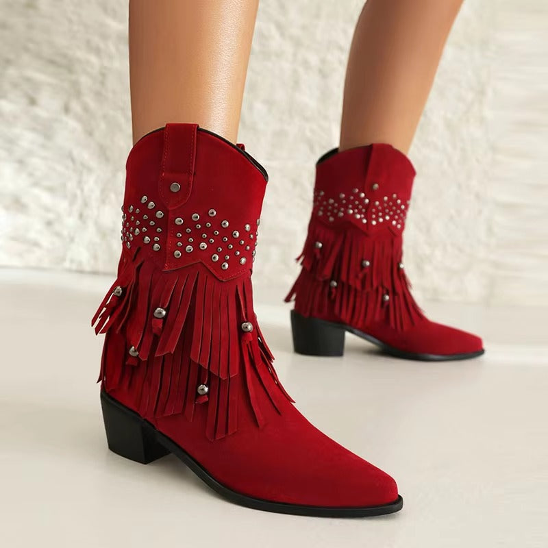 Fringe Pointed Toe Western Booties With Rivets Medium Heel Shoes