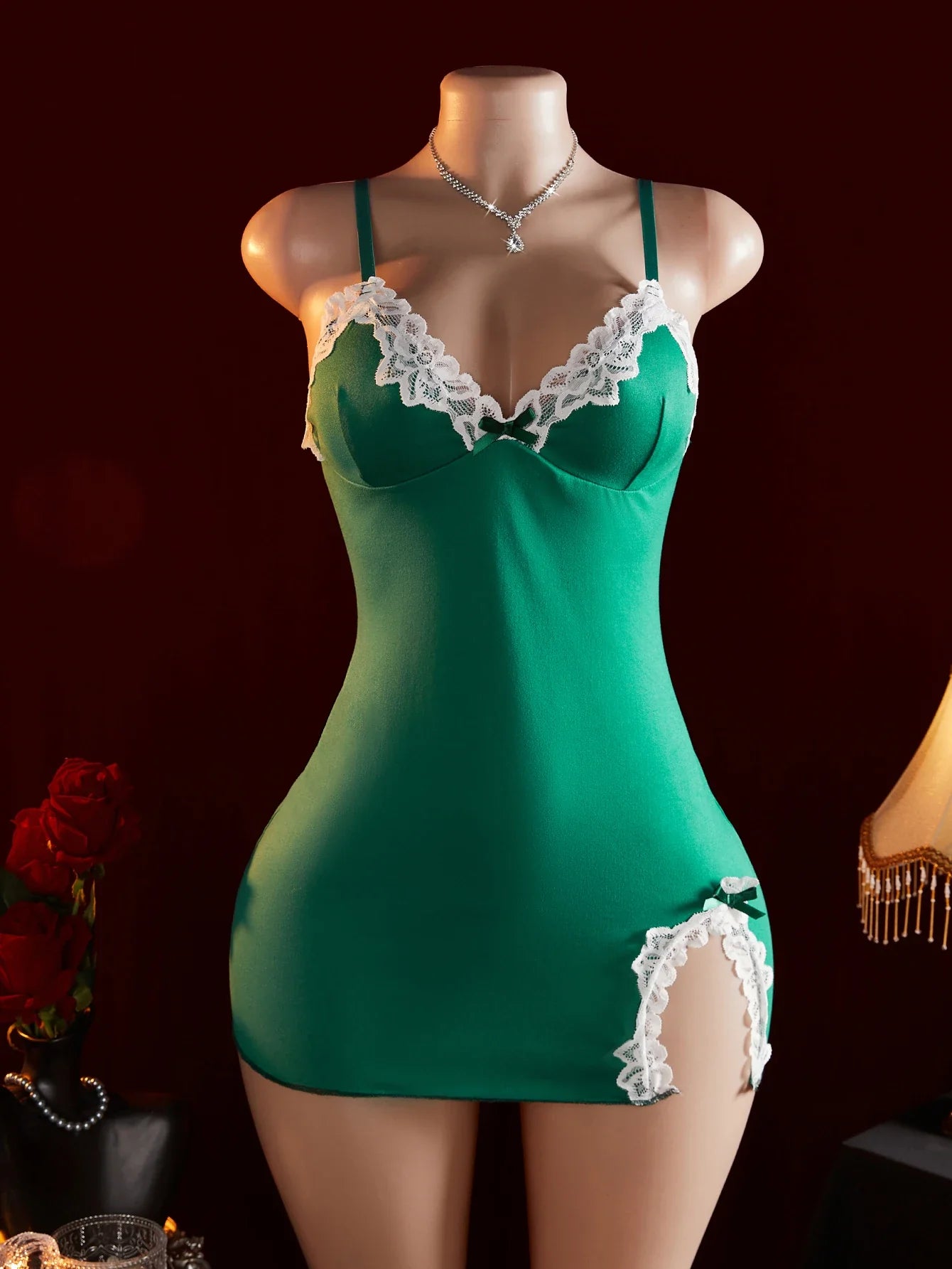 G-string Lace Nightgown Contrast Green Seductive Lingerie V-neck Exotic Costumes Pajama Sets Summer Date Night Dress