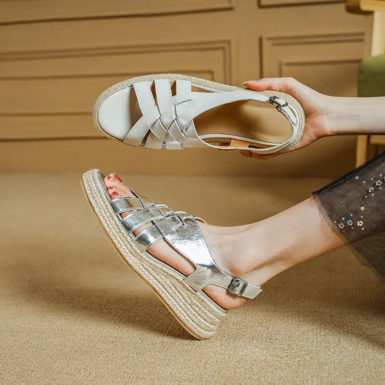 Genuine Leather Band Ankle Strap Round Toe Platform Wedge Sandals