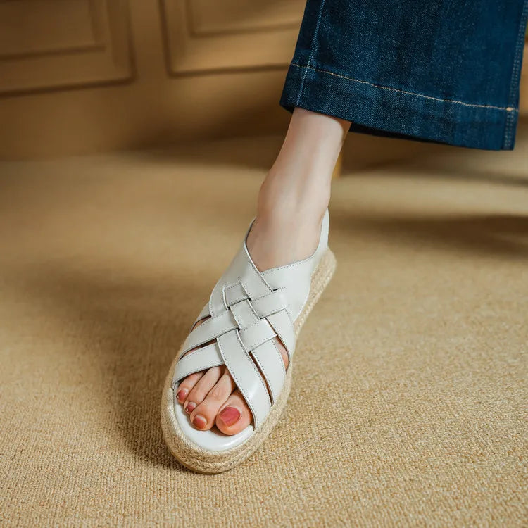 Genuine Leather Band Ankle Strap Round Toe Platform Wedge Sandals