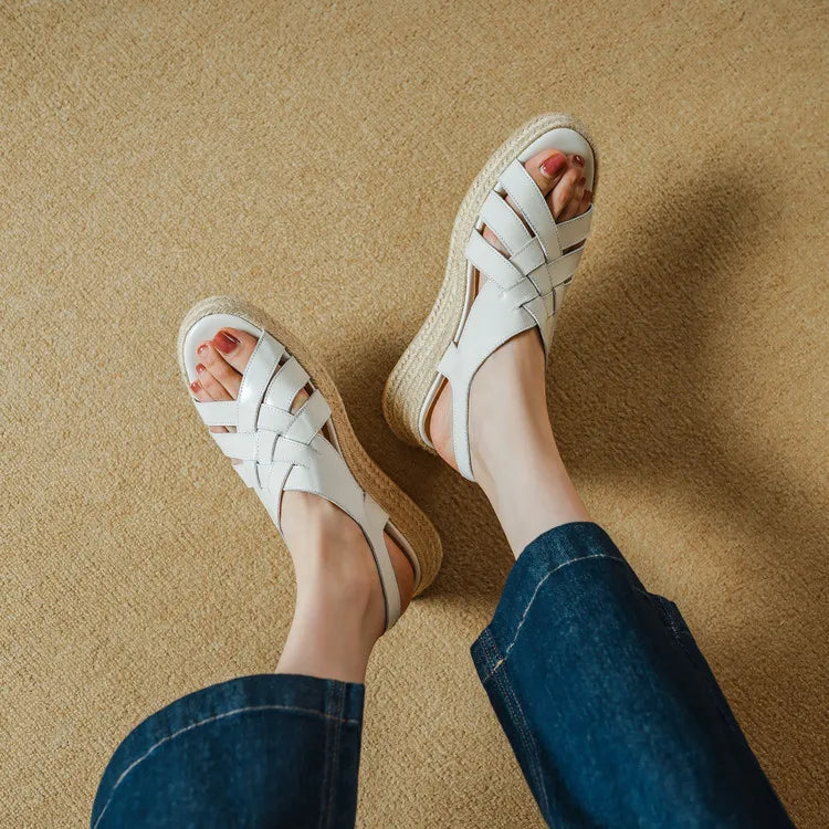 Genuine Leather Band Ankle Strap Round Toe Platform Wedge Sandals