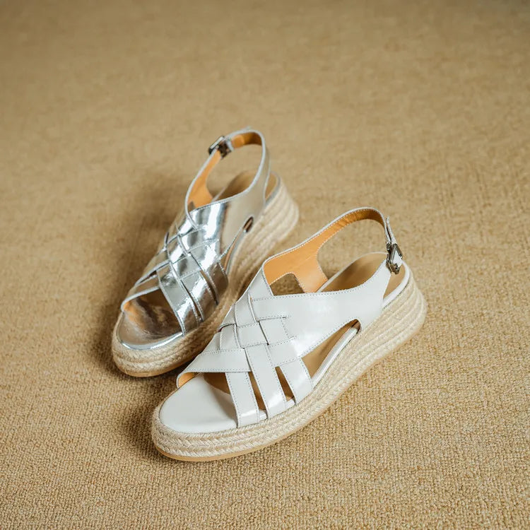 Genuine Leather Band Ankle Strap Round Toe Platform Wedge Sandals