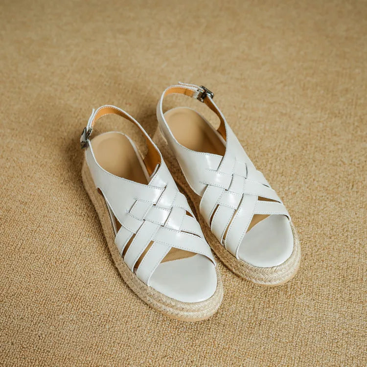 Genuine Leather Band Ankle Strap Round Toe Platform Wedge Sandals