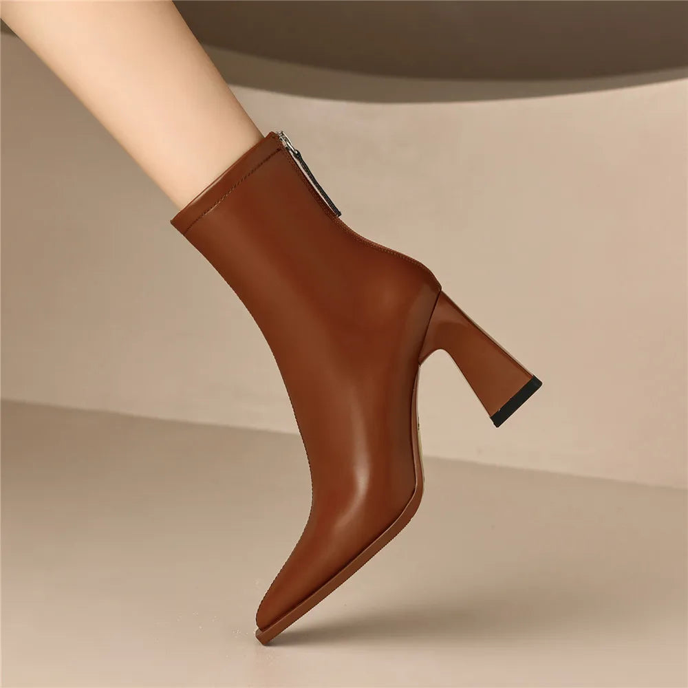Genuine Leather Pointed Toe Zippers Solid Color Thick Heels Ankle Boots