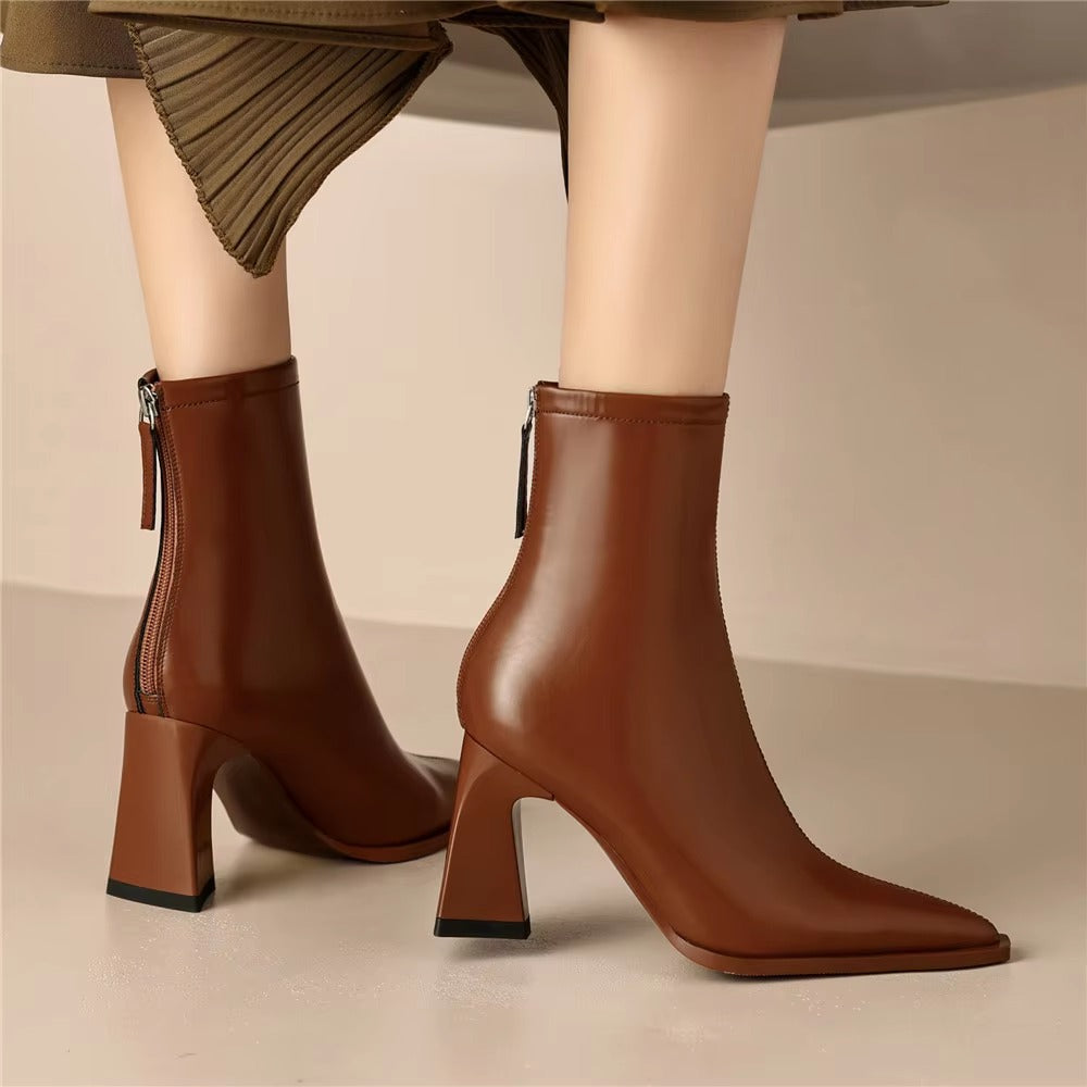 Genuine Leather Pointed Toe Zippers Solid Color Thick Heels Ankle Boots