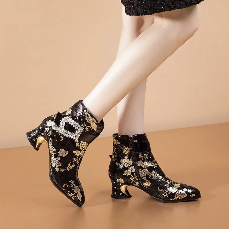 Genuine leather Floral print Ethnic handmade pointed toe short Ankle Boot