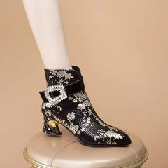Genuine leather Floral print Ethnic handmade pointed toe short Ankle Boot