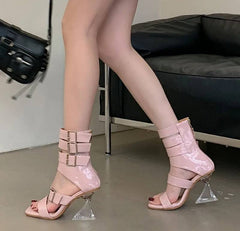 Gladiator Patent Leather Strap Buckle Transparent Crystal Square Toe High Heels Sandals