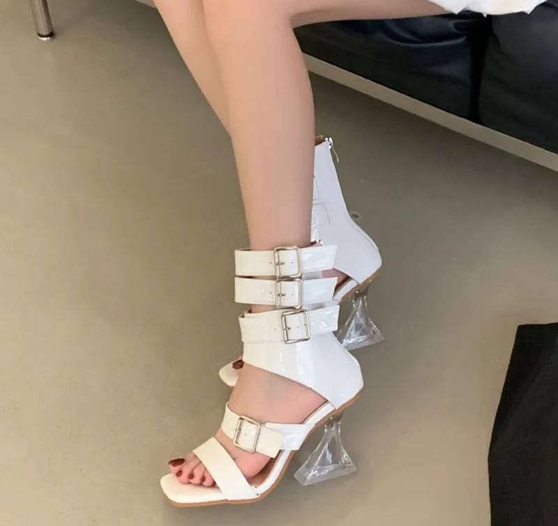 Gladiator Patent Leather Strap Buckle Transparent Crystal Square Toe High Heels Sandals