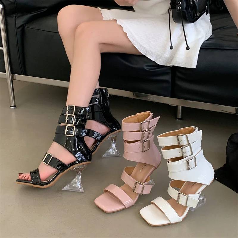 Gladiator Patent Leather Strap Buckle Transparent Crystal Square Toe High Heels Sandals