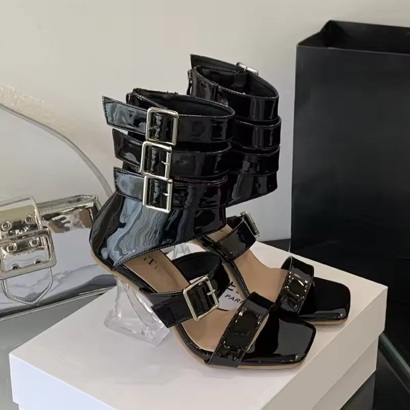 Gladiator Patent Leather Strap Buckle Transparent Crystal Square Toe High Heels Sandals