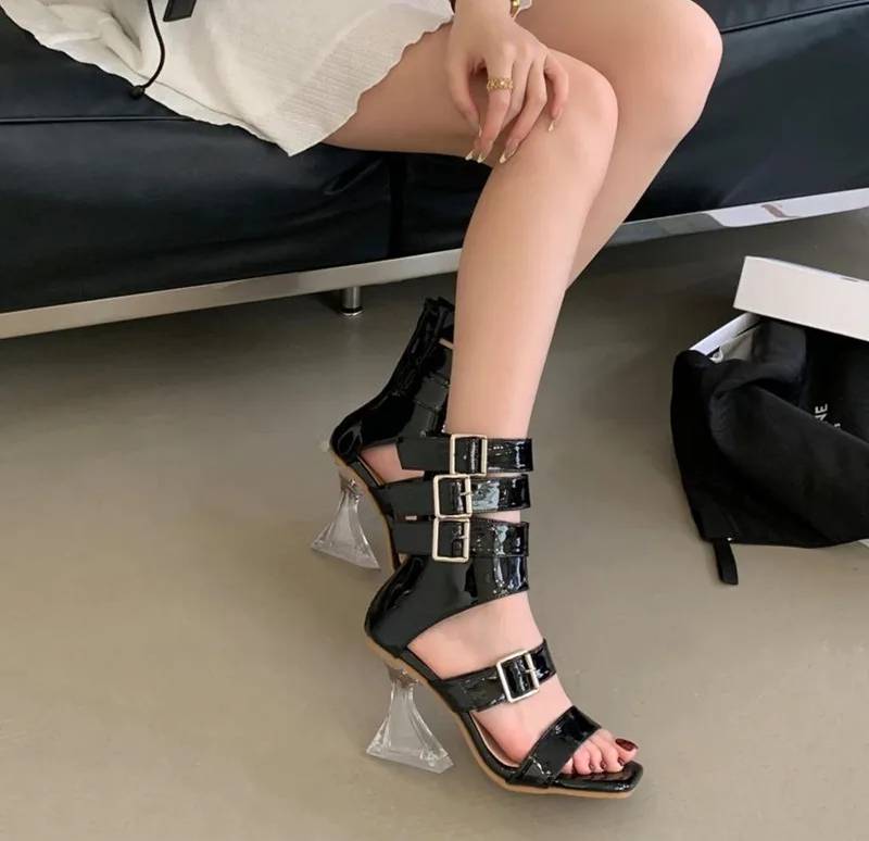 Gladiator Patent Leather Strap Buckle Transparent Crystal Square Toe High Heels Sandals