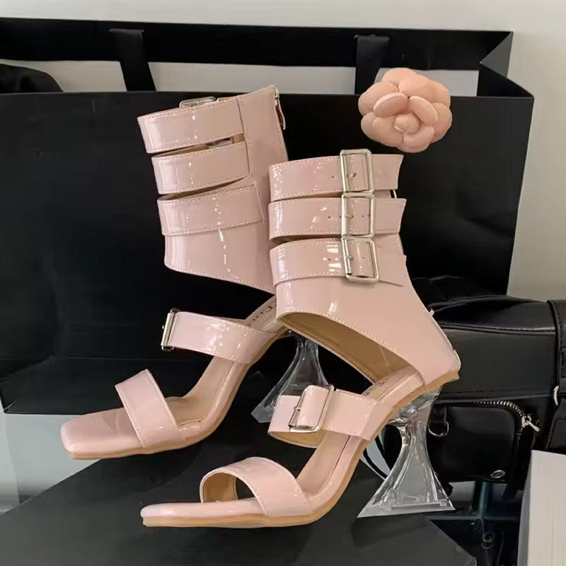 Gladiator Patent Leather Strap Buckle Transparent Crystal Square Toe High Heels Sandals