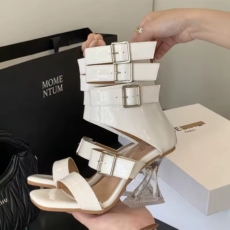 Gladiator Patent Leather Strap Buckle Transparent Crystal Square Toe High Heels Sandals