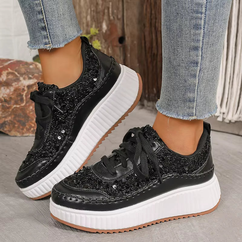 Glitter Lace Up Plus Size Thick Bottom Walking Platform Sneakers Sports Shoes