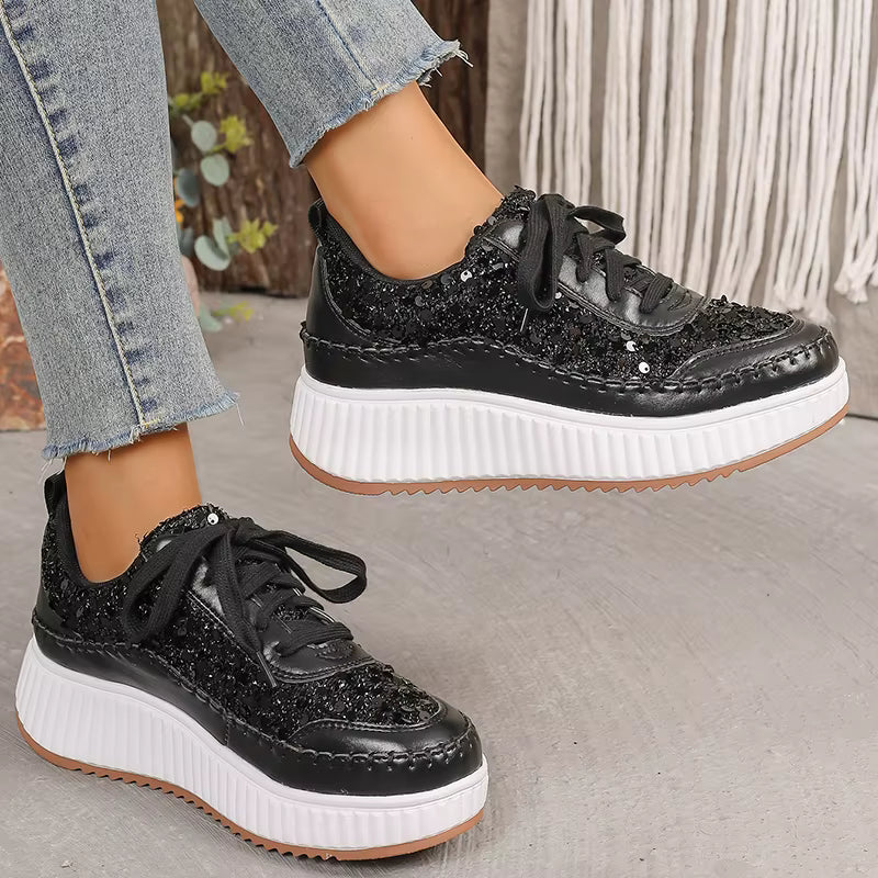 Glitter Lace Up Plus Size Thick Bottom Walking Platform Sneakers Sports Shoes