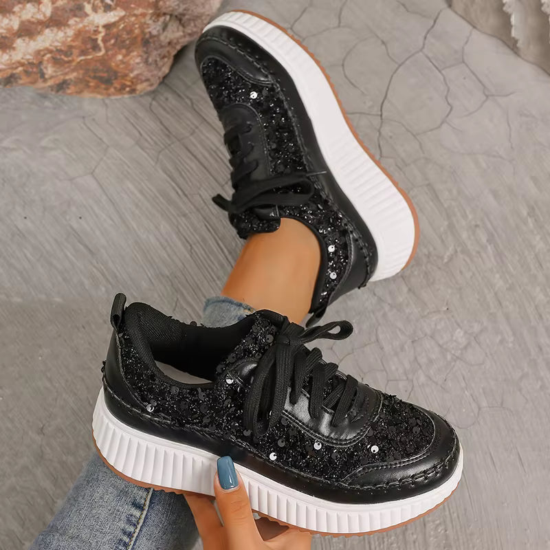 Glitter Lace Up Plus Size Thick Bottom Walking Platform Sneakers Sports Shoes