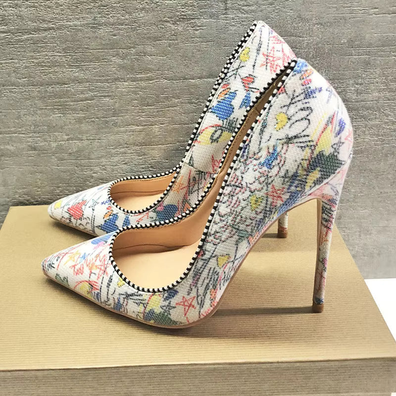 Graffiti Printed Stiletto High Heels Pointed Toe Slip On Shallow Pumps Wedding Shoes