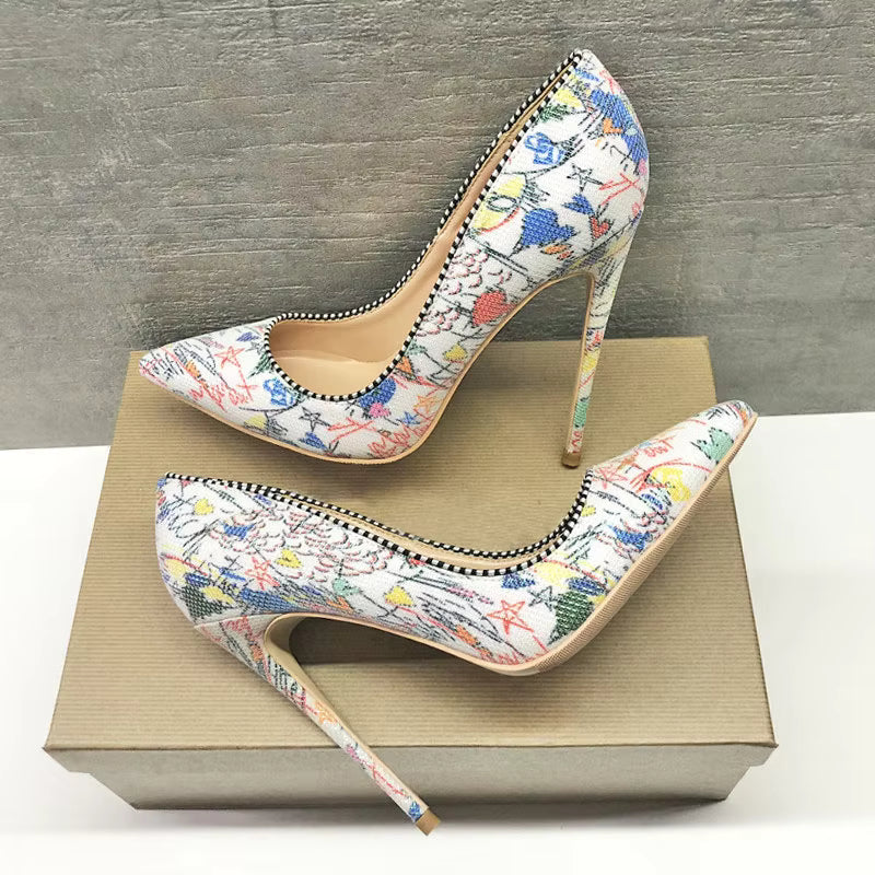 Graffiti Printed Stiletto High Heels Pointed Toe Slip On Shallow Pumps Wedding Shoes