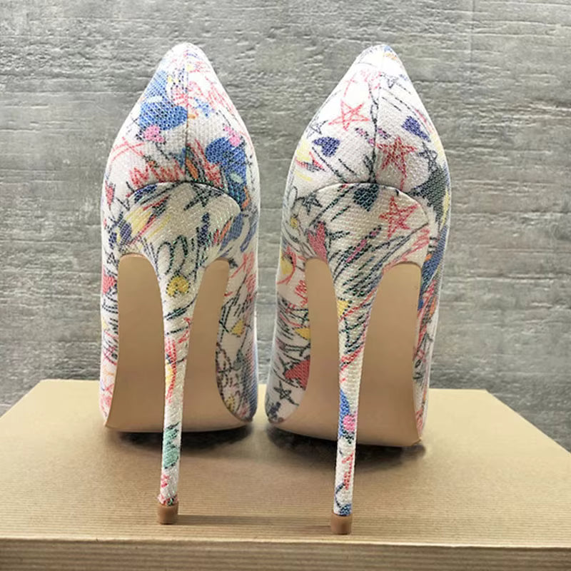 Graffiti Printed Stiletto High Heels Pointed Toe Slip On Shallow Pumps Wedding Shoes