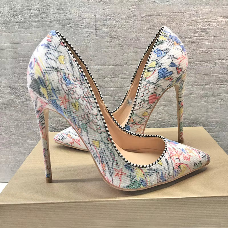 Graffiti Printed Stiletto High Heels Pointed Toe Slip On Shallow Pumps Wedding Shoes