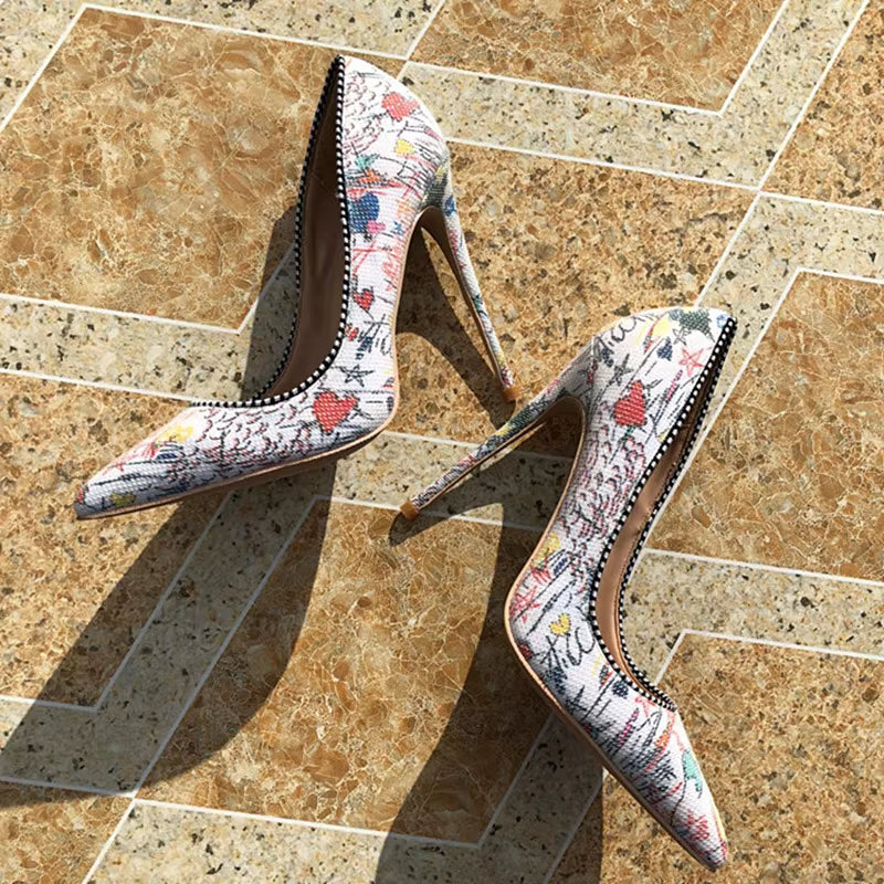 Graffiti Printed Stiletto High Heels Pointed Toe Slip On Shallow Pumps Wedding Shoes