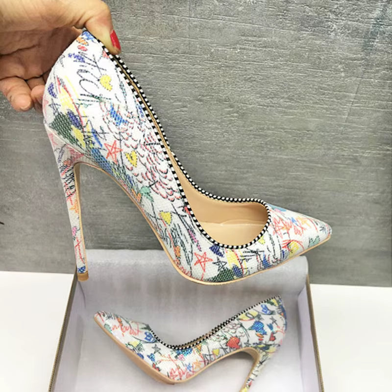 Graffiti Printed Stiletto High Heels Pointed Toe Slip On Shallow Pumps Wedding Shoes