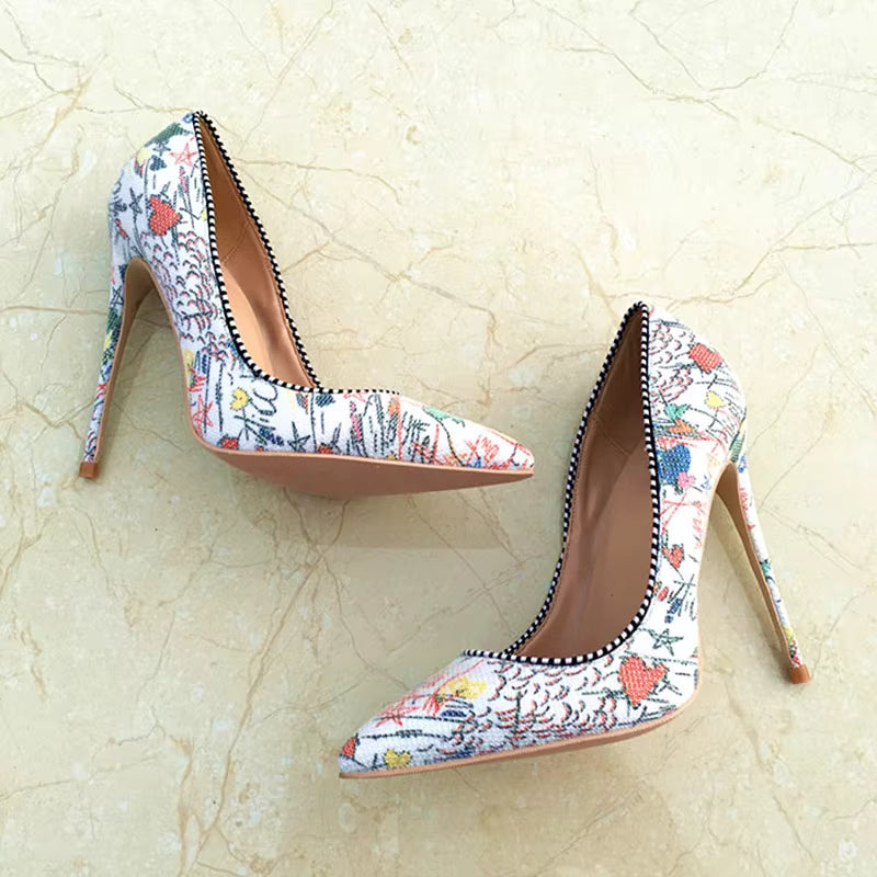 Graffiti Printed Stiletto High Heels Pointed Toe Slip On Shallow Pumps Wedding Shoes