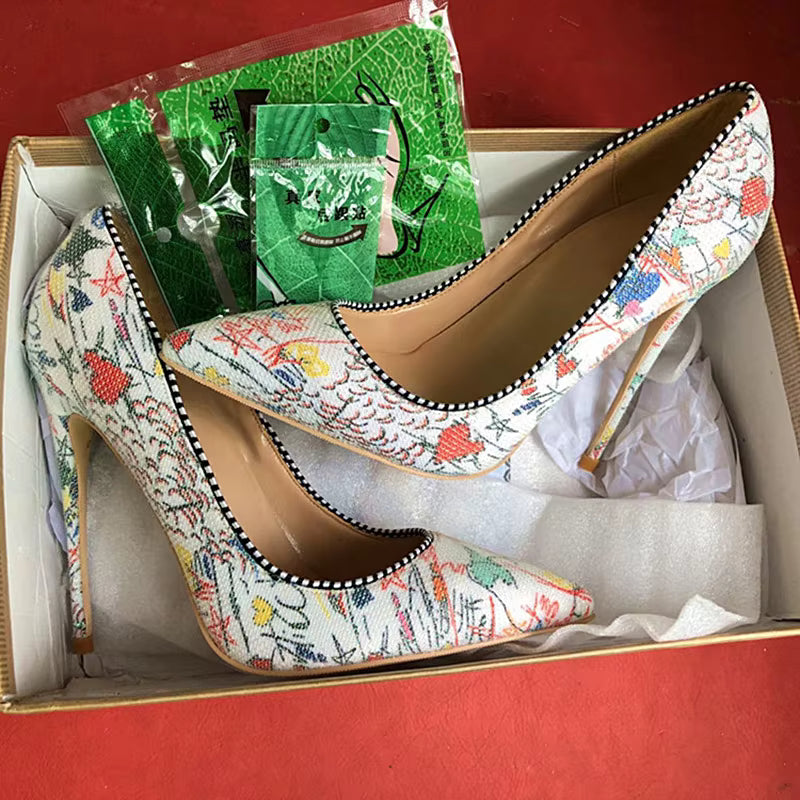 Graffiti Printed Stiletto High Heels Pointed Toe Slip On Shallow Pumps Wedding Shoes