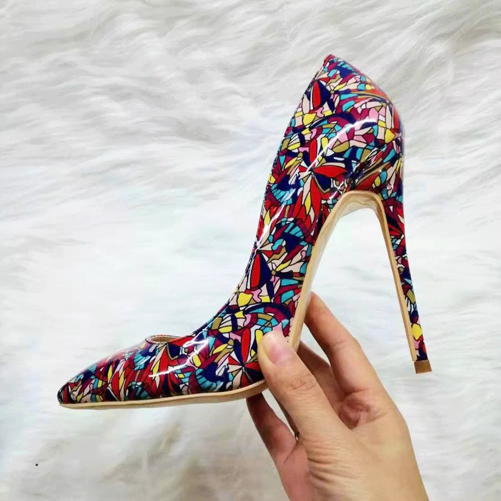 Graphic Printed Pointy Toe Slip On Stiletto High Heel Shoes