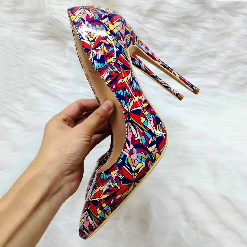 Graphic Printed Pointy Toe Slip On Stiletto High Heel Shoes