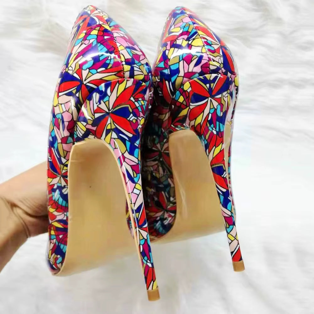 Graphic Printed Pointy Toe Slip On Stiletto High Heel Shoes
