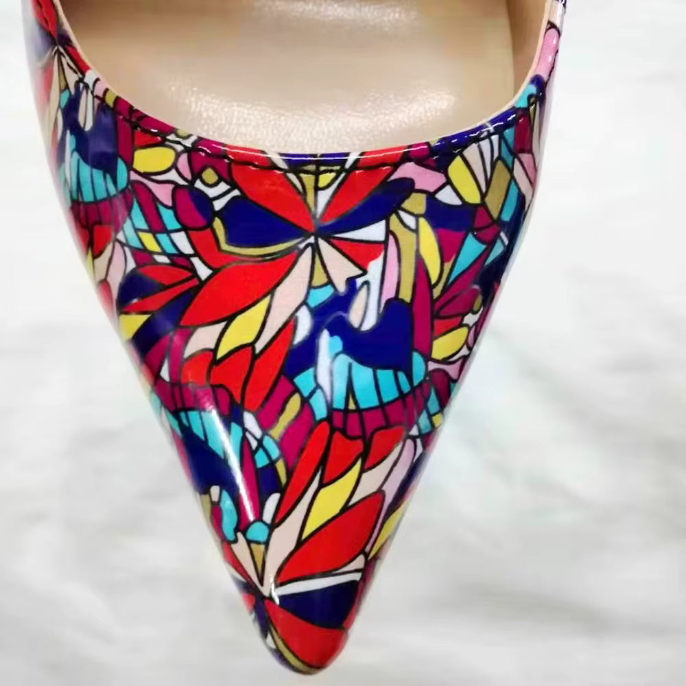 Graphic Printed Pointy Toe Slip On Stiletto High Heel Shoes