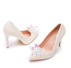 Luxury white rhinestone pearl Pattern shallow Mouth Pointed High Heels Bridal shoes