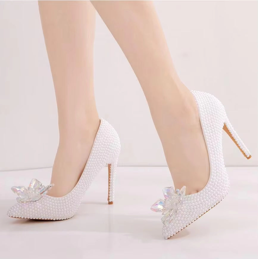 Luxury white rhinestone pearl Pattern shallow Mouth Pointed High Heels Bridal shoes
