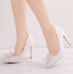 Luxury white rhinestone pearl Pattern shallow Mouth Pointed High Heels Bridal shoes