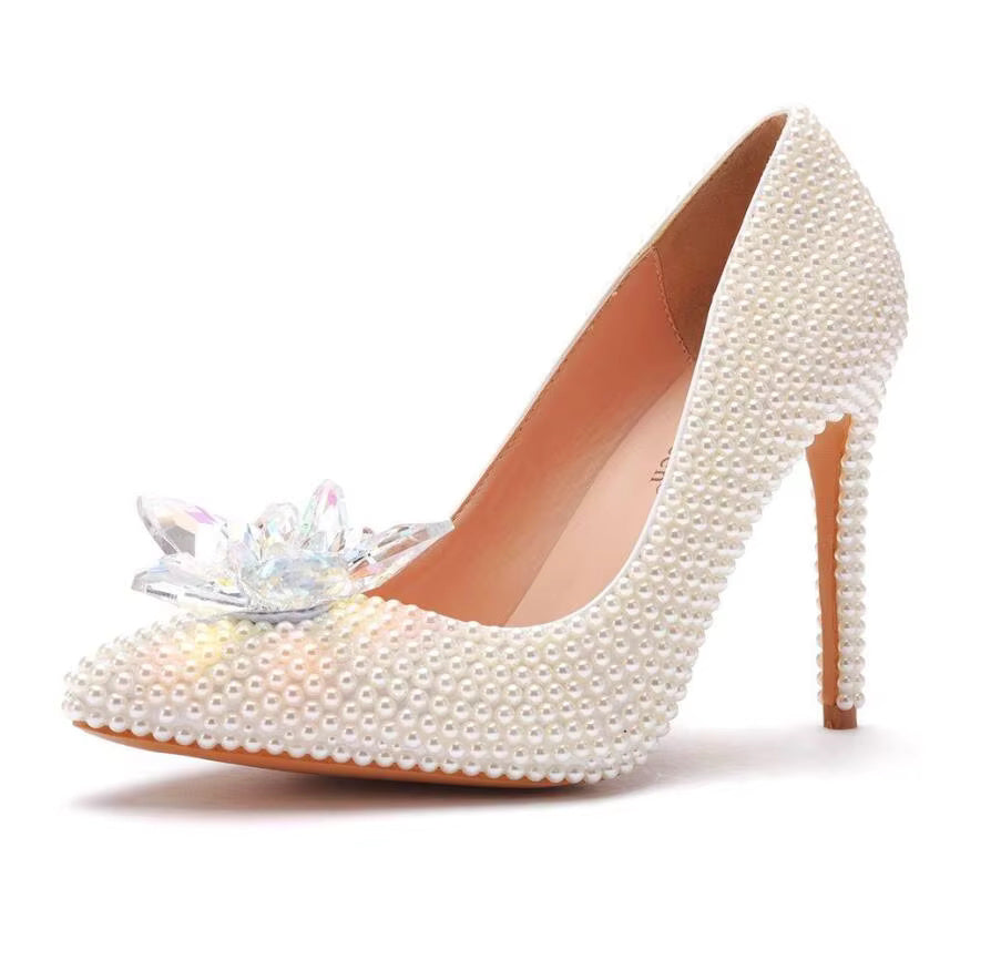Luxury white rhinestone pearl Pattern shallow Mouth Pointed High Heels Bridal shoes