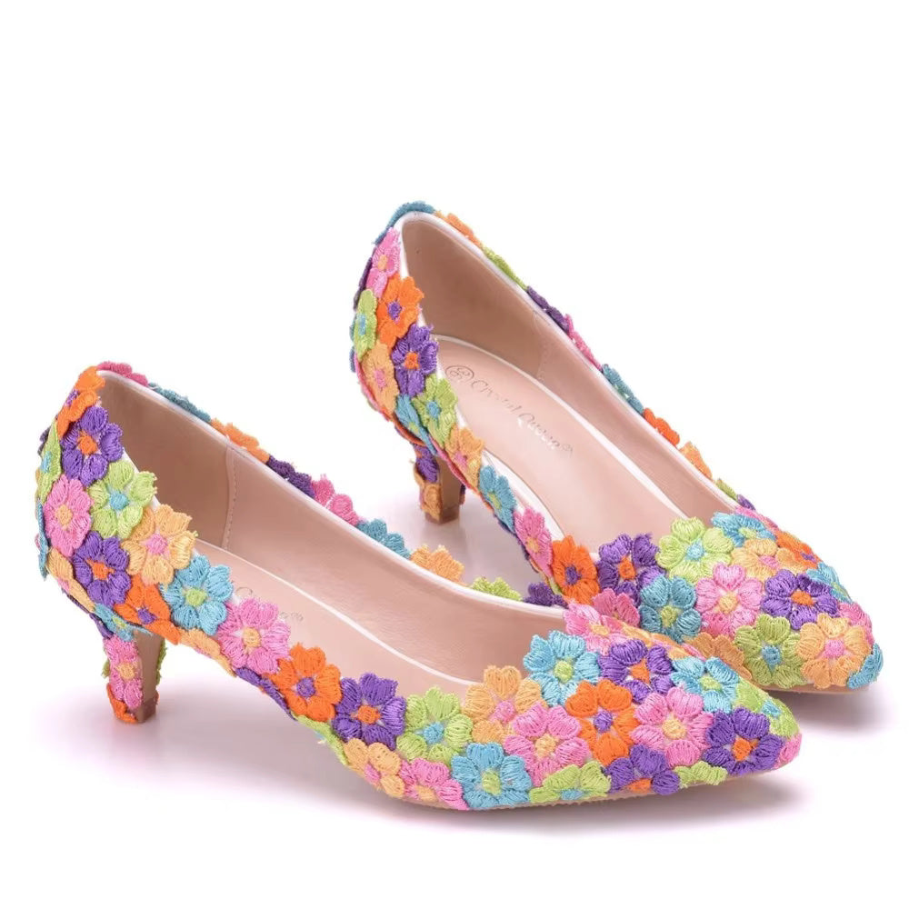 Floral Pattern Stilettos High Heels Pumps Bridal Shoes Sandals