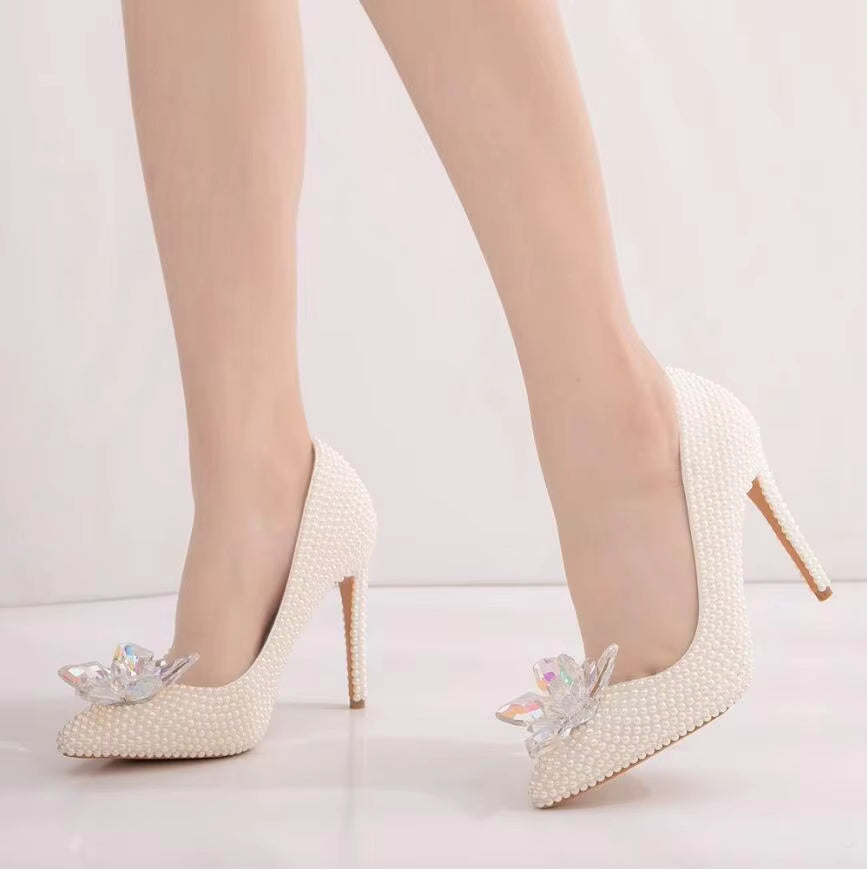 Luxury white rhinestone pearl Pattern shallow Mouth Pointed High Heels Bridal shoes