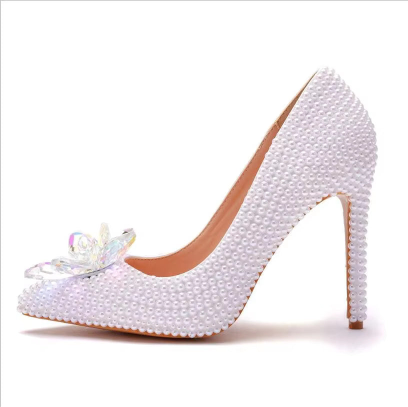 Luxury white rhinestone pearl Pattern shallow Mouth Pointed High Heels Bridal shoes