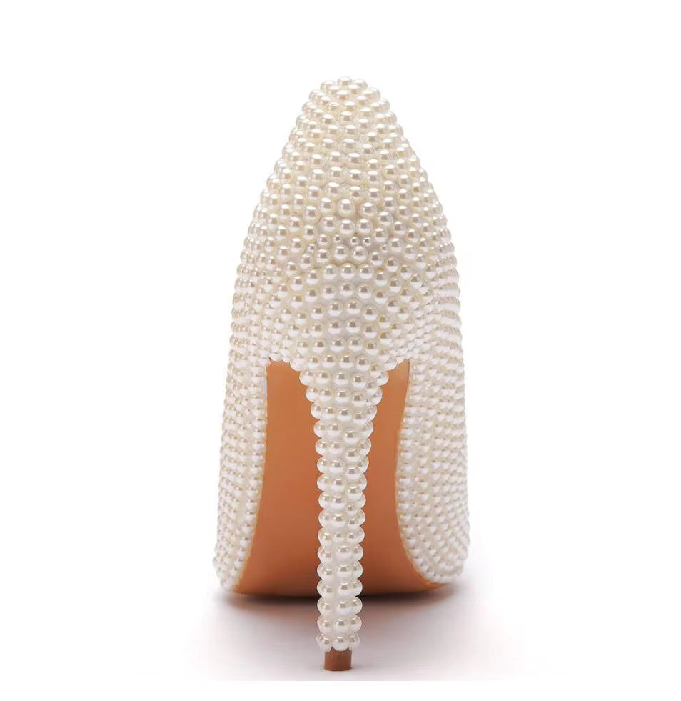 Luxury white rhinestone pearl Pattern shallow Mouth Pointed High Heels Bridal shoes