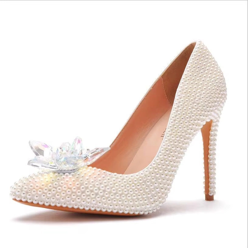 Luxury white rhinestone pearl Pattern shallow Mouth Pointed High Heels Bridal shoes