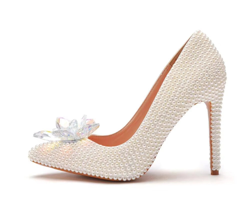 Luxury white rhinestone pearl Pattern shallow Mouth Pointed High Heels Bridal shoes