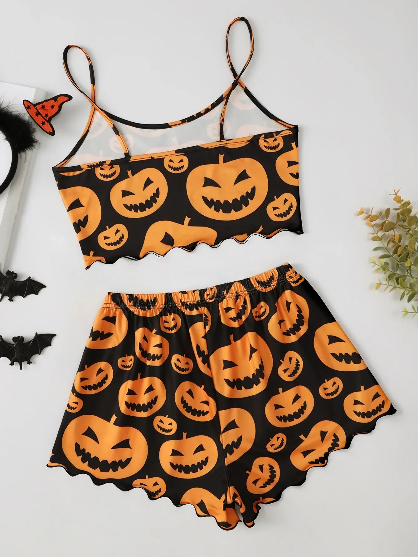 Halloween Devil Pumpkin Print Pajamas Set Short Sleeve Tops and Shorts Set Home Clothes Sleepwear Nightwear