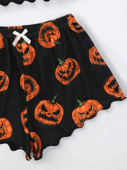 Halloween Devil Pumpkin Print Pajamas Set Short Sleeve Tops and Shorts Set Home Clothes Sleepwear Nightwear