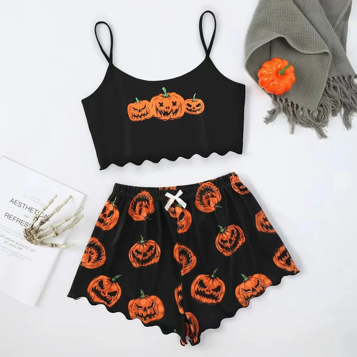 Halloween Devil Pumpkin Print Pajamas Set Short Sleeve Tops and Shorts Set Home Clothes Sleepwear Nightwear